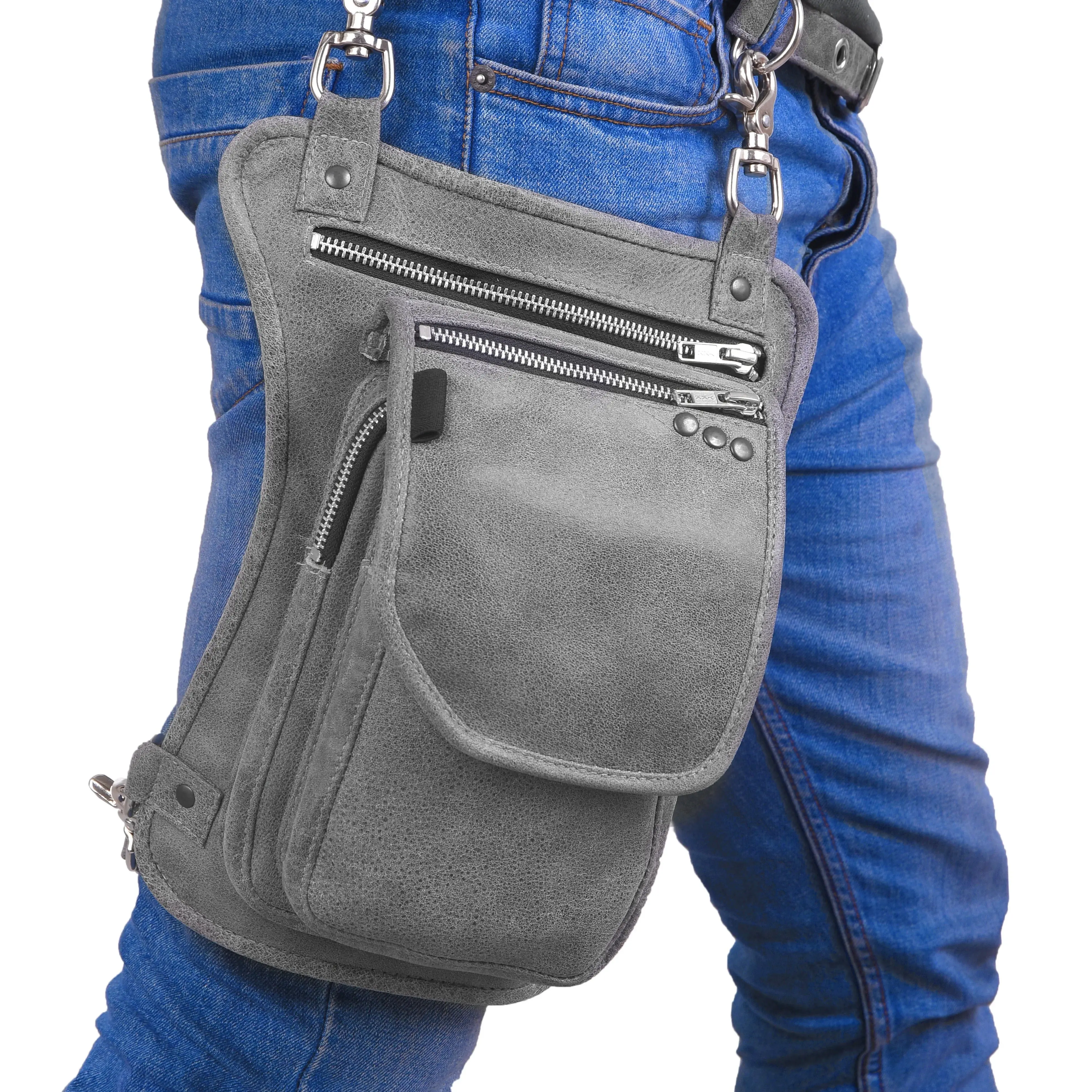 Distressed Grey Leather Thigh Bag w/ Concealed Carry Pocket