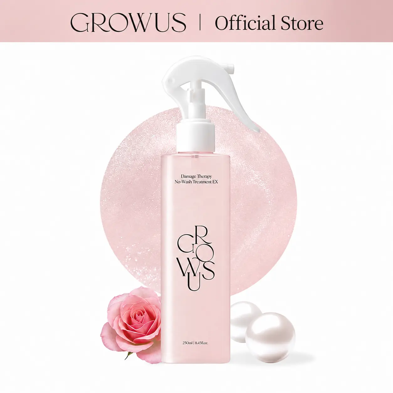Damaged Hair Leave-in Treatment Spray | Ceramide, Hydrolyzed Keratin & 7 Collagen | Rose Musk Scented Hair Perfume | Anti-Frizz Glossy Shine for Dry Color-Treated Hair | GROWUS Due Rose 250ml