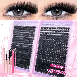 720PCS-30D40D60D80D100D Self-Eyelash Extension Kit, Fluffy Eyelashes Cluster, Individual Lash Extensions, Cluster Design with D-Curvature 9-18mm Mixed Lengths, Natural Density, Easy to Use, Reusable