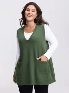 Women's Sleeveless V-Neck A-Line Rayon Fabric Pullover Vest Top - Army-Inspired Lady's Basic Clothes with Pockets, Flattering Fit, Summer Wear Tops Womenswear
