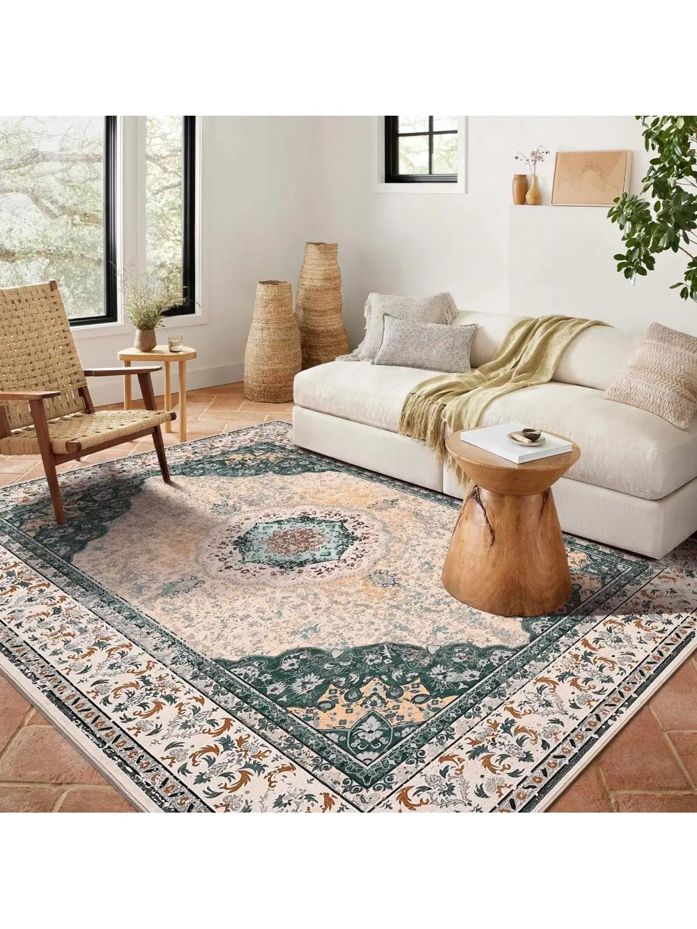 【Christmas Gift】Green-9*12 feet Short Pile Area Rugs For Living Room Carpets Boho Washable Large Rugs For Bedroom Modern Vintage Classic Lounge Rug