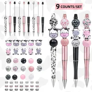 Cute Cow Pattern Pen, 9 Counts/set DIY Beaded Pen with Beads, Office Stationery & Supplies(Some Beads Are Random Pattern)