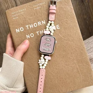 Cute Cartoon Beaded Leather Band, Stylish Wrist Strap Compatible with Apple Watch 1 To 9 And S10, Delicate Light Accessory for Daily Casual And Dating Wear (No watch)