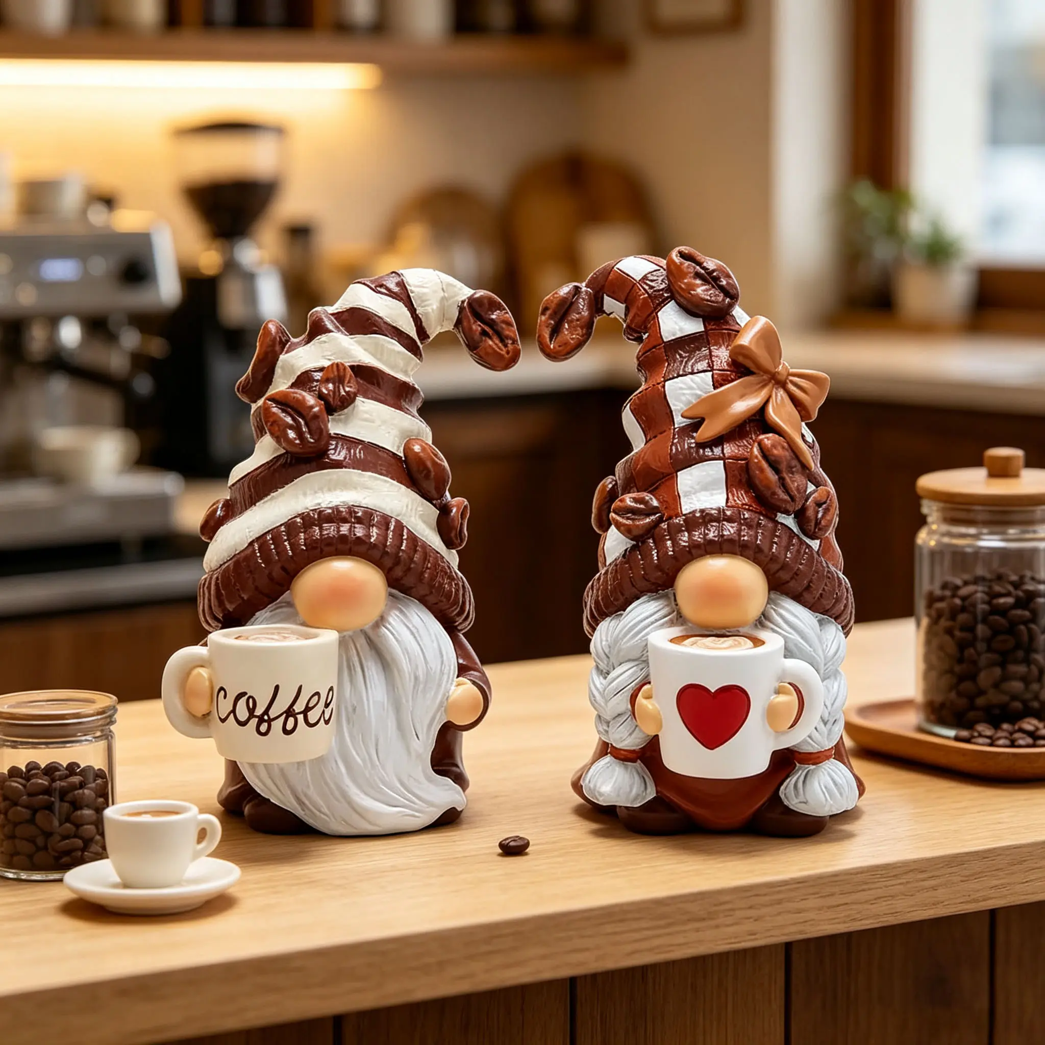 Sangeren 2Pcs Coffee Bean Striped Gnome Resin Figurine Set, Hand-Painted Farmhouse Coffee Bar Decor, Tiered Tray Tabletop Ornament, Coffee Lover Gift**