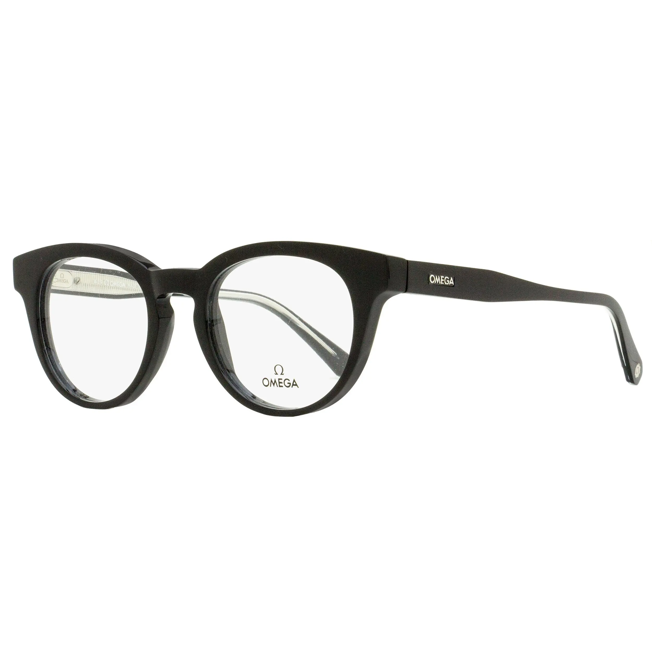 Omega Pantos Eyeglasses OM5003H 001 - Black/Crystal, 52mm, Fashion Eyeglasses Men's Frames, Pantos Frame, Keyhole Bridge, Logo Detailing, Transparent Temples, Acetate, Classic Shapes, Adults, Demo Lenses Included, Contemporary Motifs, Full Rim