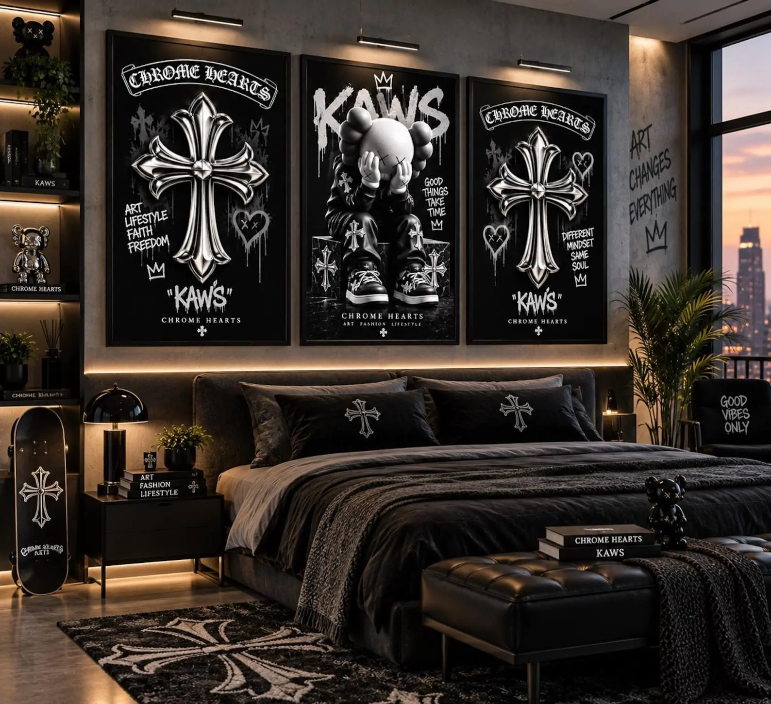 Chrome Hearts 3-Piece Wall Art Set - Gothic KAWS Posters, Black-Silver Cross Decor for Streetwear Room Home Aesthetic