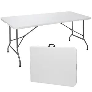 SUPERDEAL Foldable Table 8 FT Space-Saving Folding Picnic Table with Carrying Handle – HDPE, Heavy-Duty, Easy-to-Clean, Indoor/Outdoor, Portable Fold-in-Half Plastic Table for Camping, BBQ, Parties patio furniture,summervibes