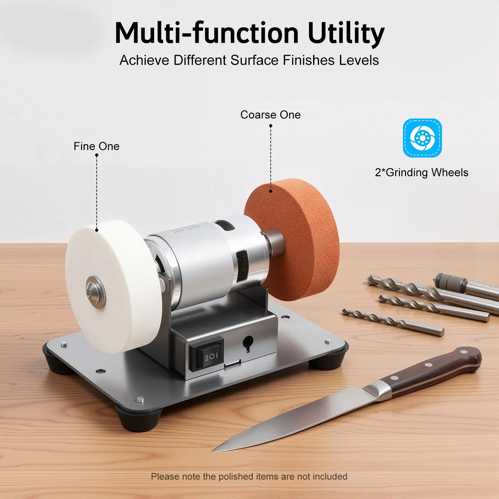 Compact Benchtop Tabletop Sander Power Tool, 110-220V US Plug Cord (0.8M/2.62Ft), 96W, Stainless Steel Frame, 2 Wheels (1 Coarse Grinding Wheel), Forward-Reverse Function, Modern, Easy To Operate, Smooth Sanding, Durable