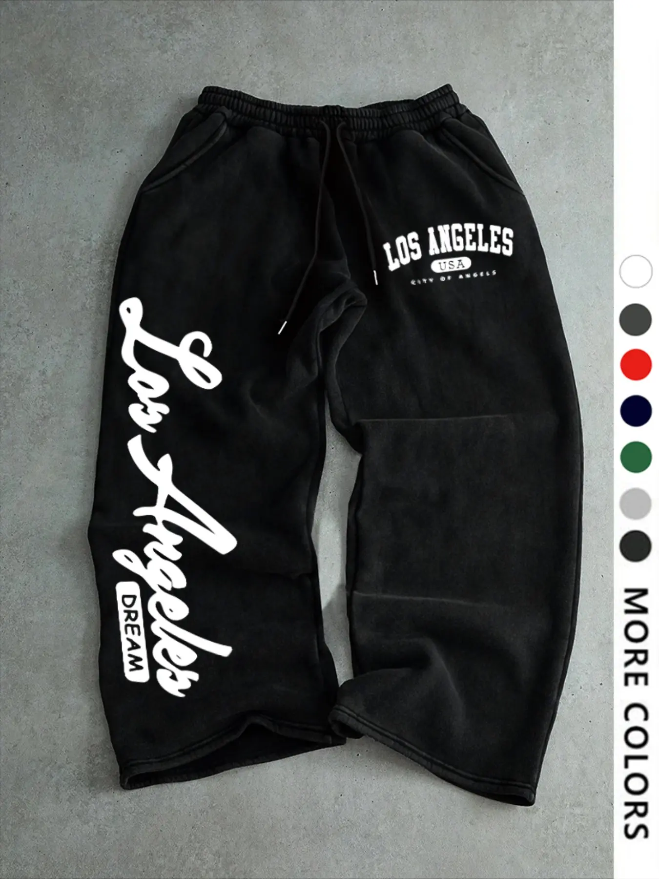 Los Angeles "City of Angels" Print Black Baggy Sweatpants, Elastic Waist Streetwear Joggers for Men, Casual LA USA Graphic Pants.