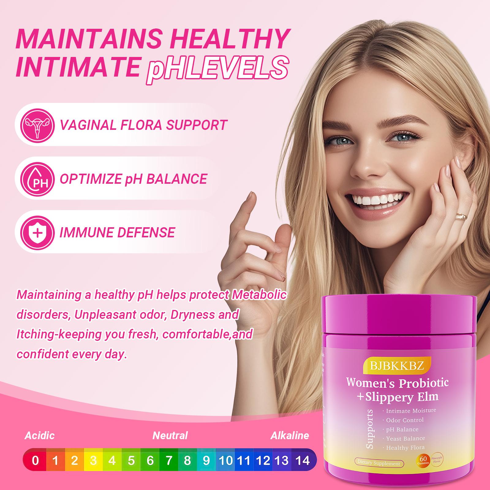 BJBKKBZ Women's Probiotic + Slippery Elm Gummies, Pineapple Flavor, Supports pH Balance, Yeast Balance & Intimate Health, 60 Count Dietary Supplement
