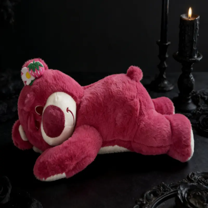 Adorable Strawberry Bear plush toy, perfect for Easter egg hunts - pink appearance, sweet smile - the perfect holiday gift and a lullaby for kids.