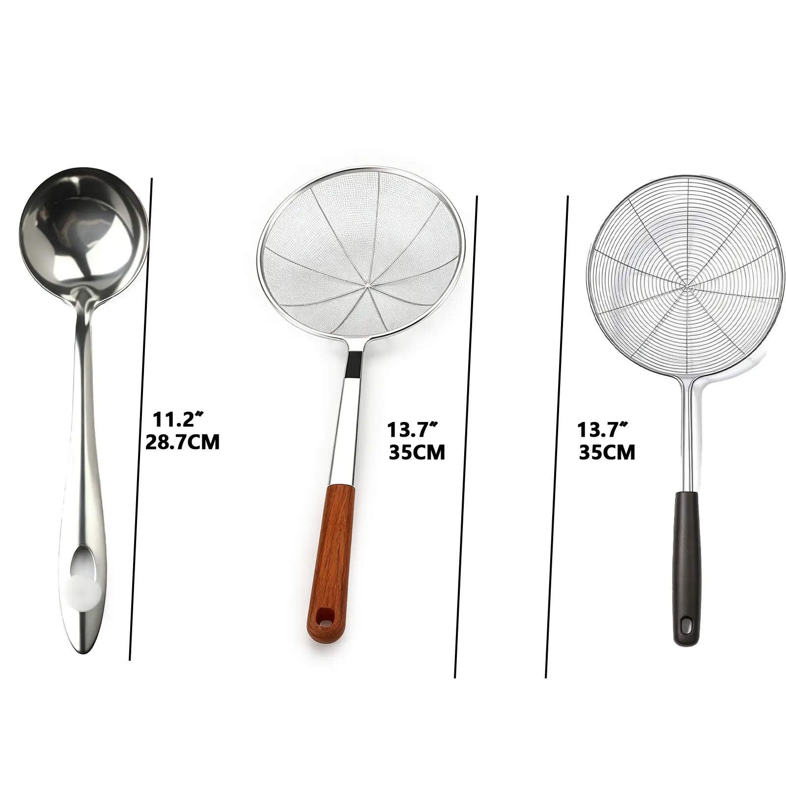 3Pcs Stainless Steel Kitchen Utensil Set, Soup Gravy Ladle, Wooden Handle Fine Mesh Skimmer, Non-Slip Handle Wire Spider Strainer, Cooking Frying Pasta Strainer Spoons for Home Kitchen