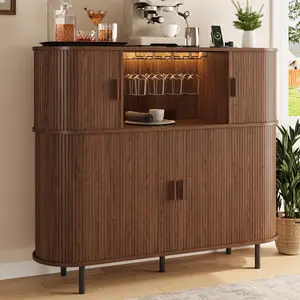 ONBRILL 55" Fluted Wine Bar Cabinet with LED Lights, Coffee Bar Cabinet with Power Outlet, Modern Liquor Whiskey Cabinets with Wine Rack and Glass Holder, Home Bar for Living Room Kitchen