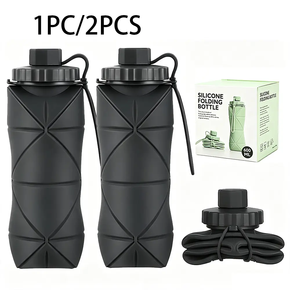 1pc/2PCS Foldable Soft Silicone 20oz Sports Water Bottles, Food-Grade Leakproof Portable Compact Drinking Containers for Fitness, Outdoor Adventure