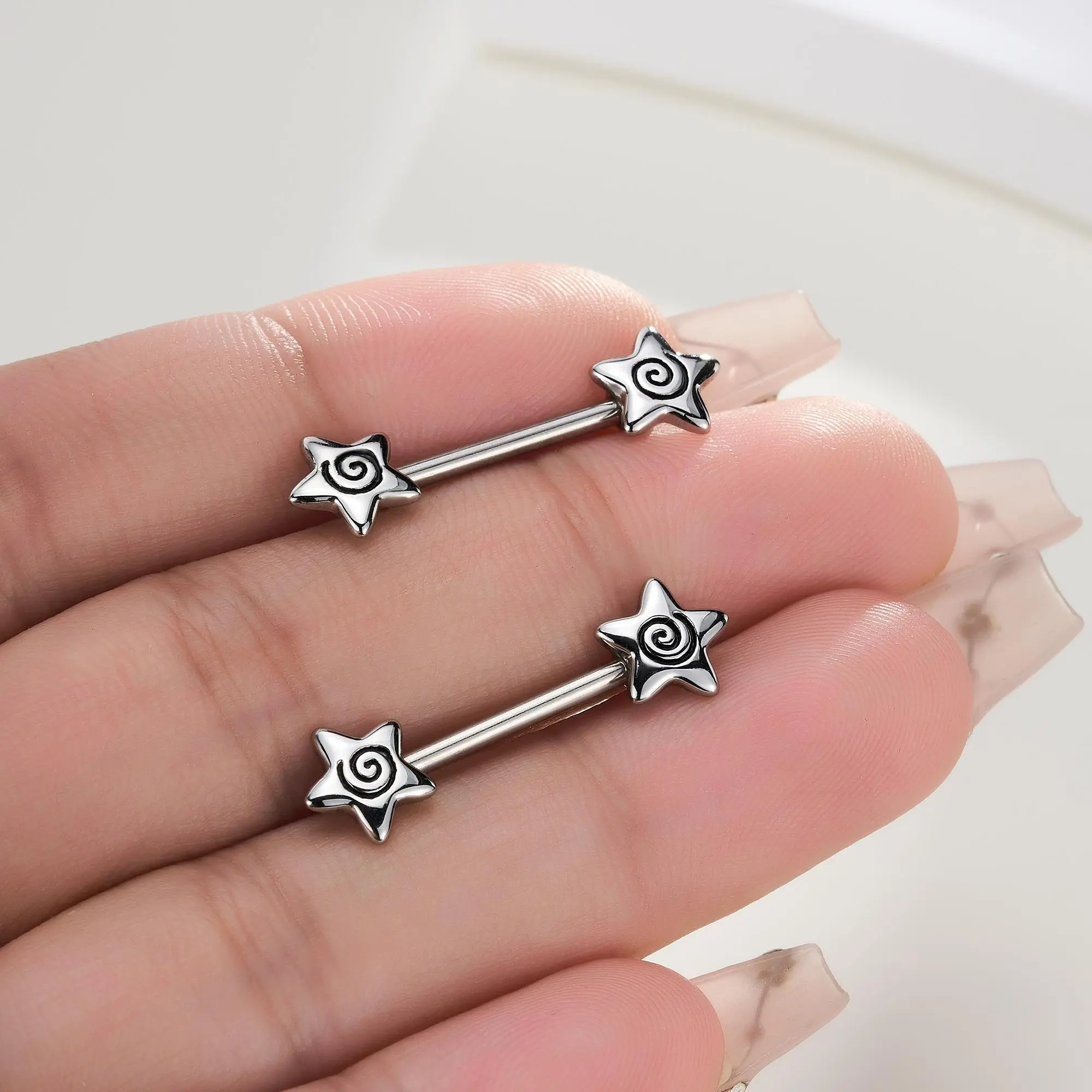 OUFER BODY JEWELRY 2Pcs 316L Surgical Steel Nipple Rings, Edgy Retro Spiral Star Body Jewelry for Women, 14G 14mm Accessories for Daily Wear, Body Jewelry Accessory, Piercings Jewelry