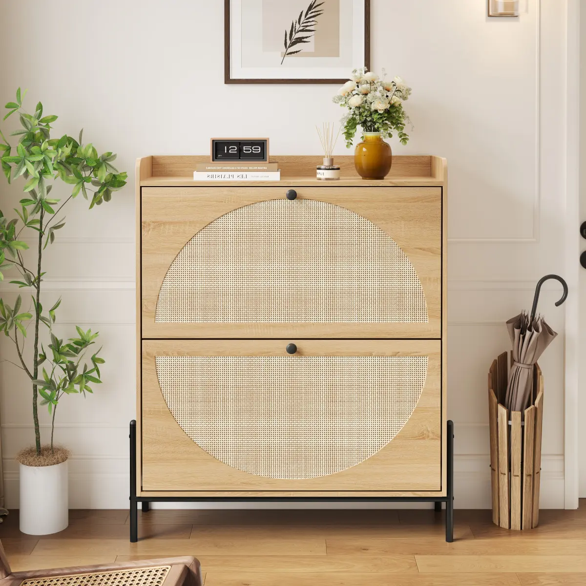 [Bellemave]  2-Drawer Wooden Shoe Cabinet with Rattan Doors / Narrow Freestanding Storage Organizer for Entryway
