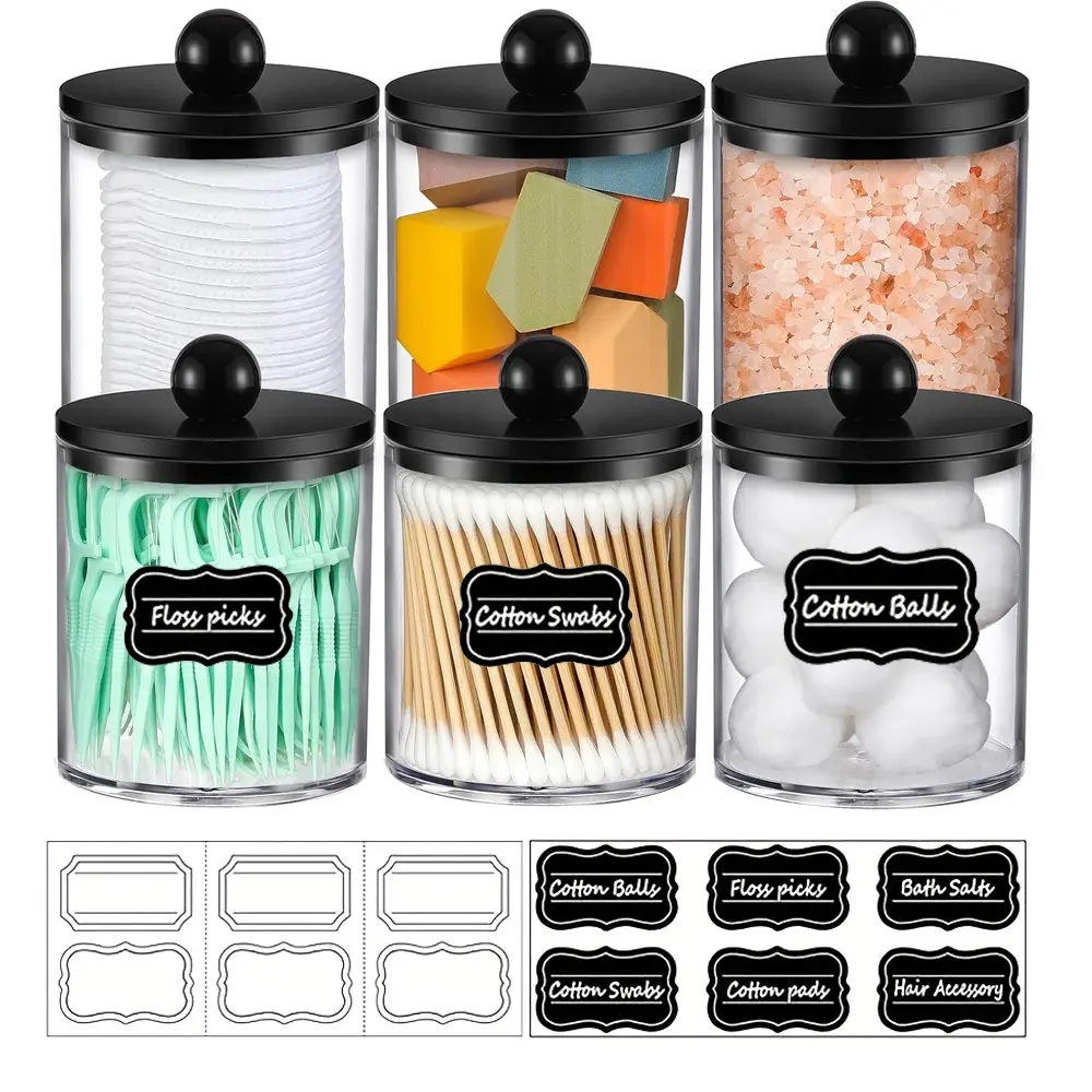 Acrylic Canister Apothecary Jar Set, Canisters Set, Qtip Holder Dispenser for Cotton Swabs, Balls, Pads, Floss - Plastic Containers, Storage Container Dispenser, Bathroom Vanity Makeup Storage Organizer