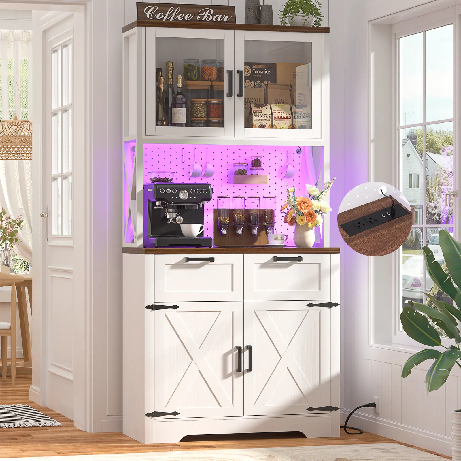 Cyclysio 71" Adjustable Freestanding Coffee Station Cabinet - Indoor Tall Functional Pullout Cupboard for Small Kitchen Organization, Microwave Stand, 4-Door Shelves, Wine Rack, LED Light, Power Outlet
