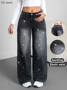 Women's Rhinestone Decorated Jeans, Casual Elegant Fit, Fashionable Design, Perfect for Evening Wear and Dates, Must-Have Wardrobe Item