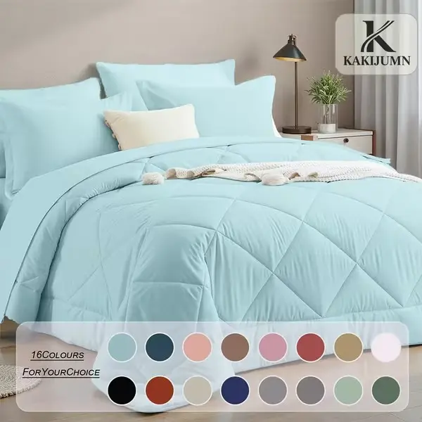 5/7-Piece Check Comforter Set, Ultra-Soft Fluffy Bed-in-a-Bag with Warm Breathable Filling, Multiple Colors, Twin, Full, Queen & King, Ideal Family Gift
