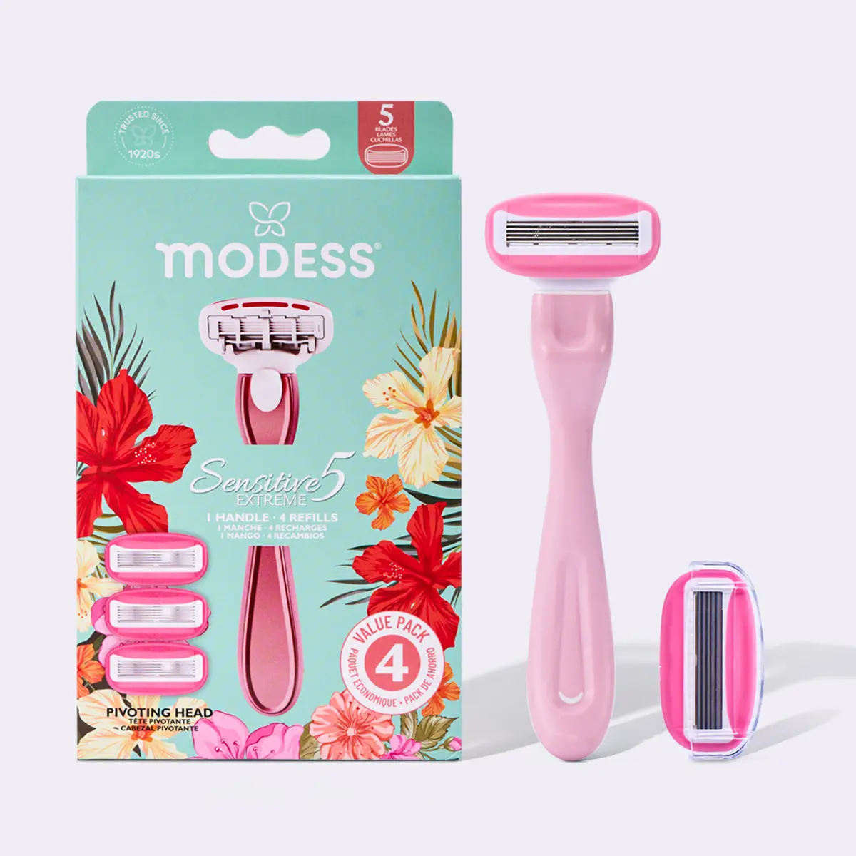 Modess Women's 5-Blade Hair Removal Razor Set - Nonslip Handle, 4 Nano-Coated Refill Cartridges, Aloe & Vitamin E Strip for Comfortable Glide, Sensitive Skin, Extreme Smoothness, Flexible Everyday Shaving
