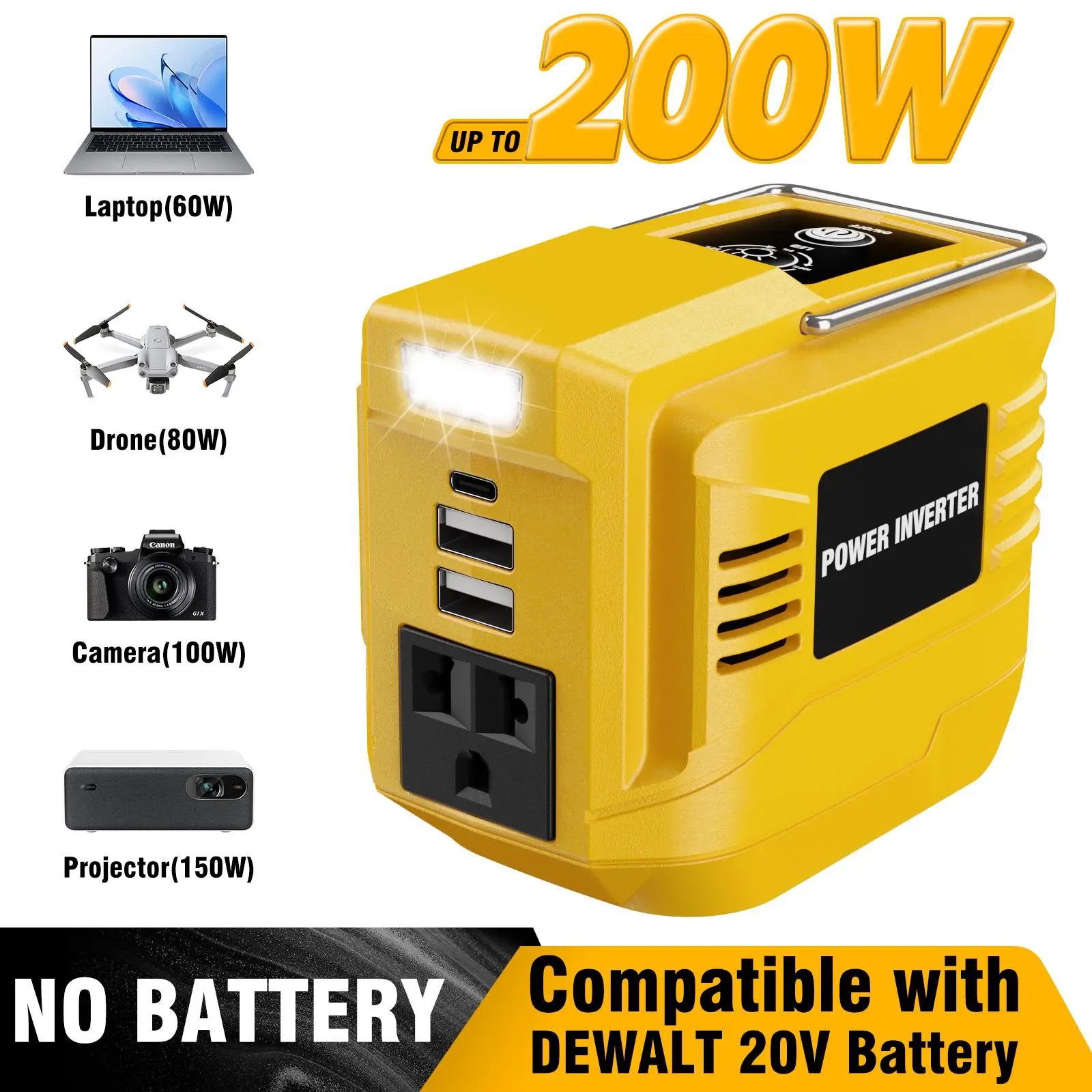 【NO battery】200W Power Inverter For Dewalt 20V Battery,For Milwaukee For Makita 18V Battery DC20V to AC110-120V Battery Inverter, Portable Power Station Generator, Charger Adapter Battery Powered Outlet With 2USB Ports & 1 Type-C & 1 AC