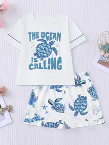 Sleepwear Set 2-Piece Summer New Washable Fire Retardant Blue Turtle Print Boys Girls Casual Comfort Short Sleeve Round Neck Pajamas Home Wear Pajama Set Soft Casual Pajamas Casual Comfy Pajama