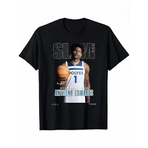Menswear Anthony Edwards Vintage Graphic Short-Sleeve Round Neck Top, 100% Cotton Casual Crew Neck Tee, SLAM Cover Print Unisex Basketball Streetwear, Retro Sports Style