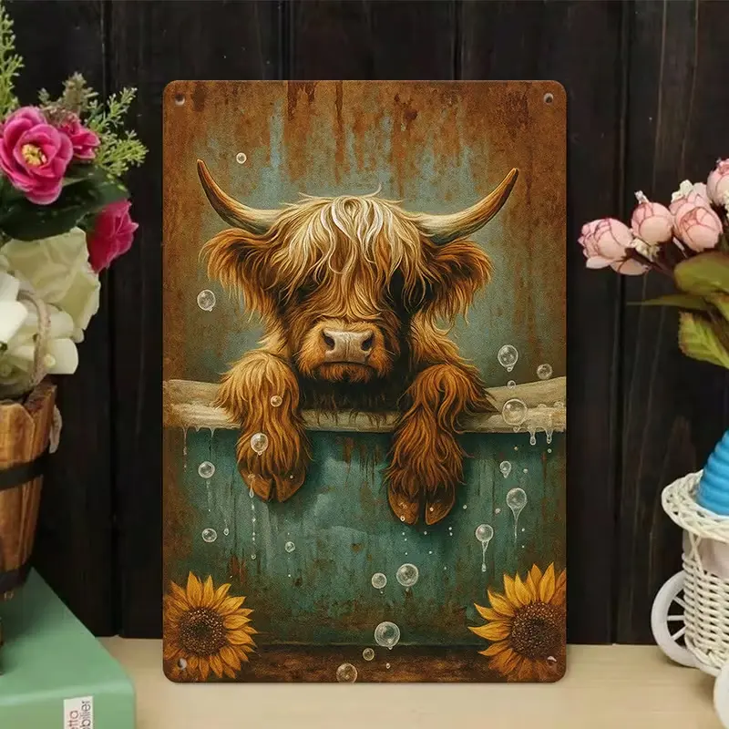 Vintage Highland Cow Bubble Bathtub Decorative Wall Sign - 8x12in Waterproof Metal Tin Plaque, Distressed Rust-Teal Background, Sunflower Farm Animal Print, Hanging Rustic Design Farmhouse Bathroom Home Decor