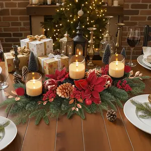 SHareconn 36 inch Christmas Centerpiece with 3 Candle Holders Trays Dining Table Decoration with Baubles Pine Cones Red Berries Spruce Branches Flower for Indoor Home Party Table Holiday Decor