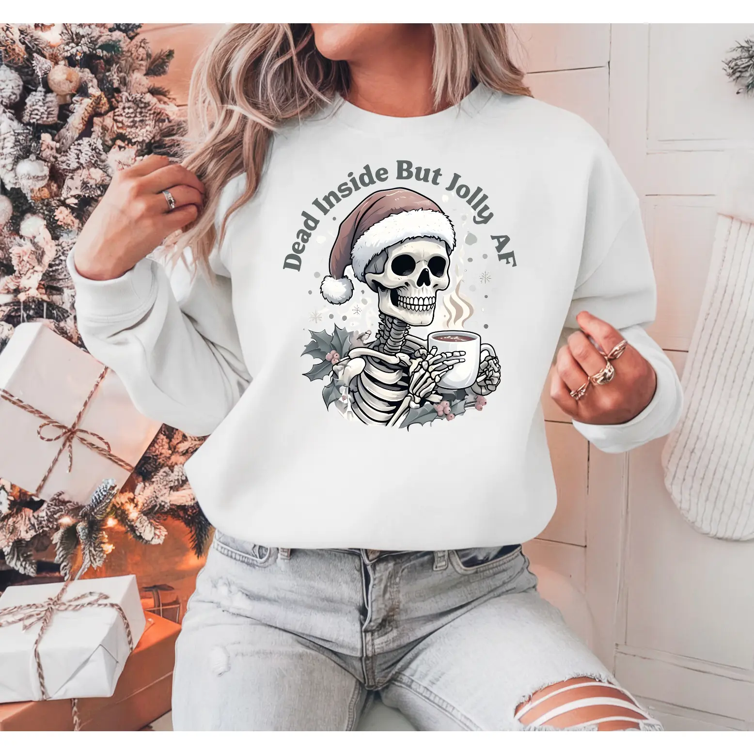 Christmas Skeleton Sweatshirt, Funny Spooky Season Apparel, Cute Xmas Jumper, Dead Inside but Jolly AF, Holiday Crewneck, Xmas Sweater Gift