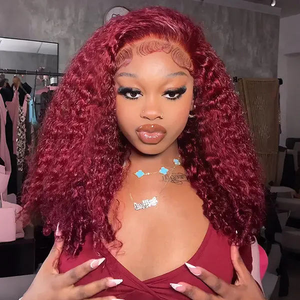ISEE HAIR 13x6 Lace Front Glueless Wig, 99J Burgundy Burmese Curly Human Hair, Pre-Plucked Wear and Go with Adjustable Drawstring, Glueless Wigs, Burmese Curly Wig