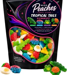 Miss Peaches Sweet and Sour Tropical Gummies - Resealable Fresh Packaged Tropical Candy Mix with Crocodile Swirl Fish , Turtle Shapes and many more!