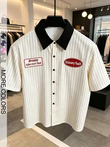 Vintage Plaid Patchwork Men's Short Sleeve Blouse, Loose Fit American Street Style Casual Top, Pop Art Print, with Button, with Collar, Menswear