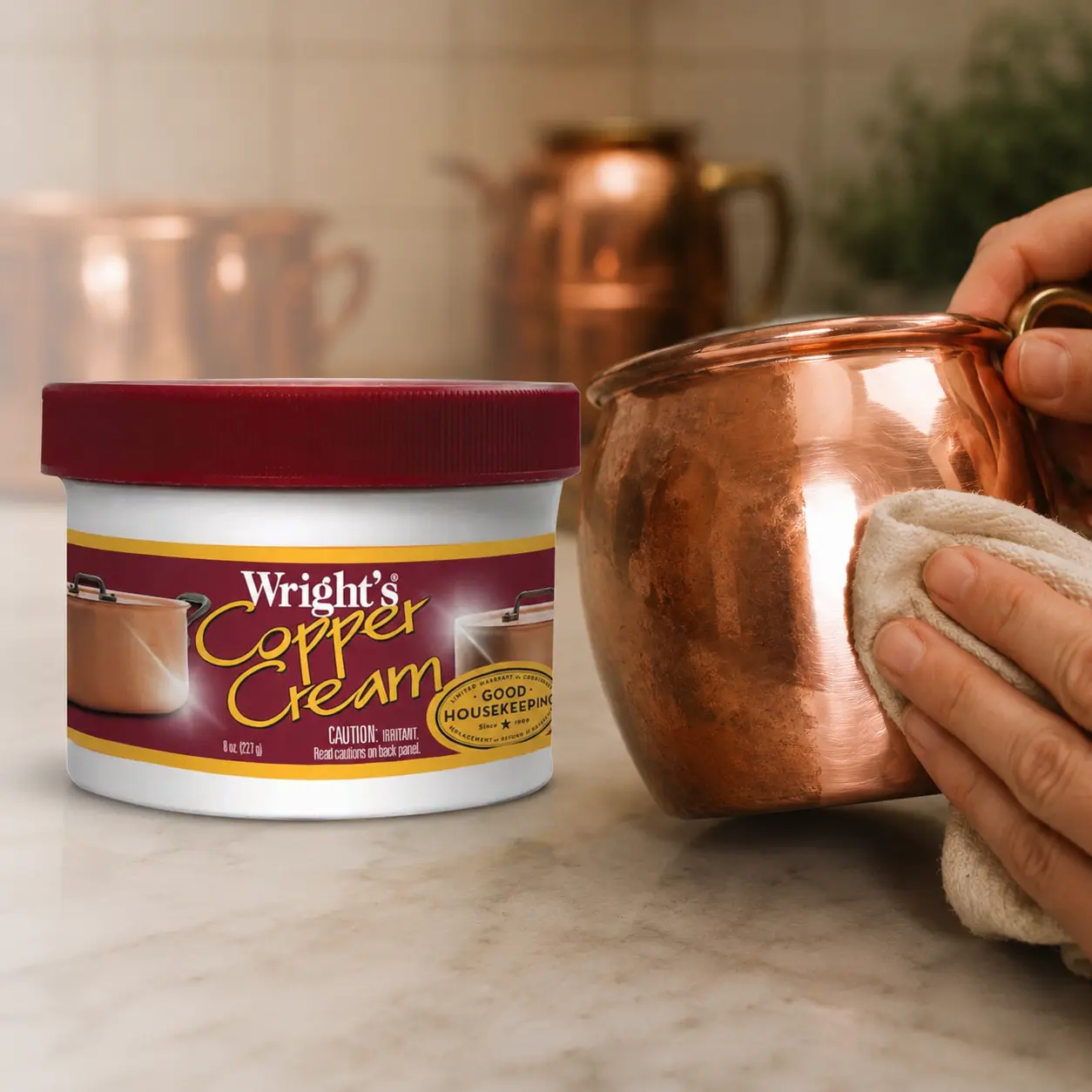 Wright's 8 oz Copper and Brass Cream Cleaner - Household Tarnish Remover with No-Scratch, Fast-Acting Formula for Mirror Shine, Protective Anti-Tarnish Coating; Safe for Bronze, Cookware, Copper Mugs, Sinks, USA-Made (Rinse, Buff Dry with Cloth), Copper C