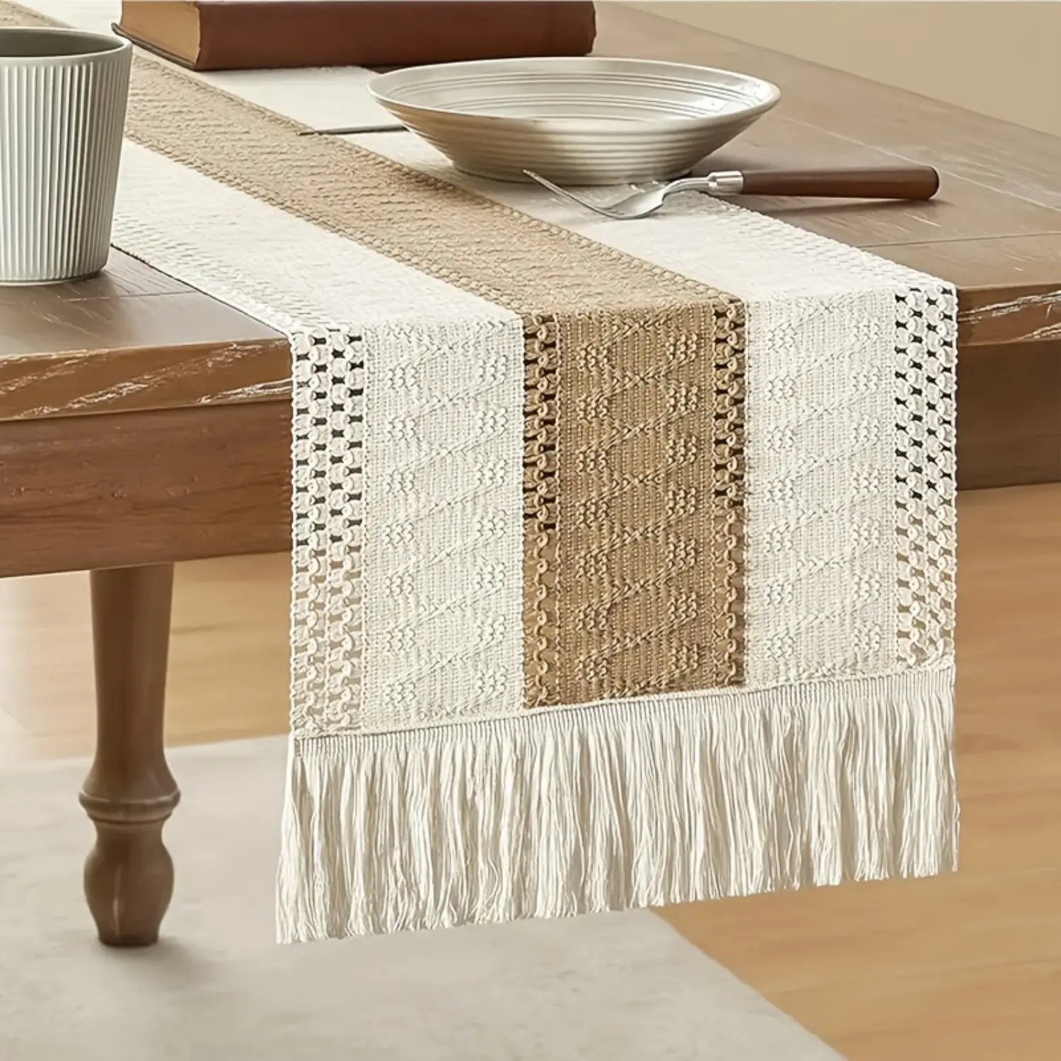 Bohemian Lace Weave Crochet Rectangle Table Runner with Tassel Fringe - Festive Home Decor, Wedding Decor, Indoor All-Season Themed Living Space Supply