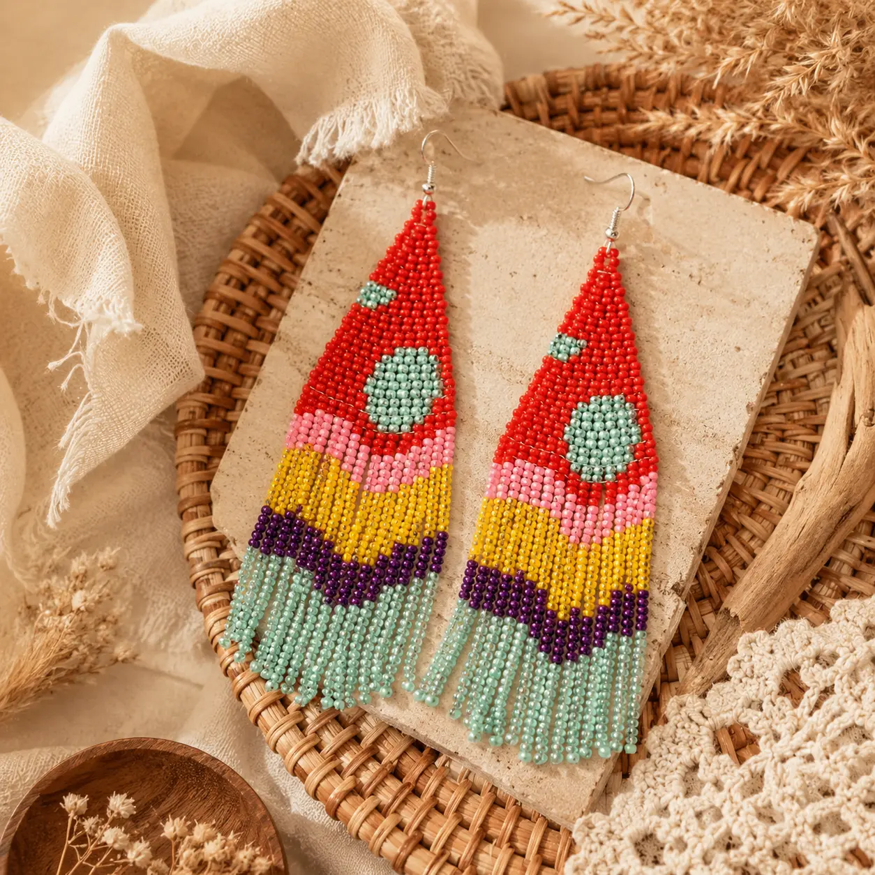 Women's Handmade Colorful Rainbow Gradient Seed Bead Fringe Earrings, Long Tassel Dangle Style, Western Boho Ethnic Festival Costume Jewelry