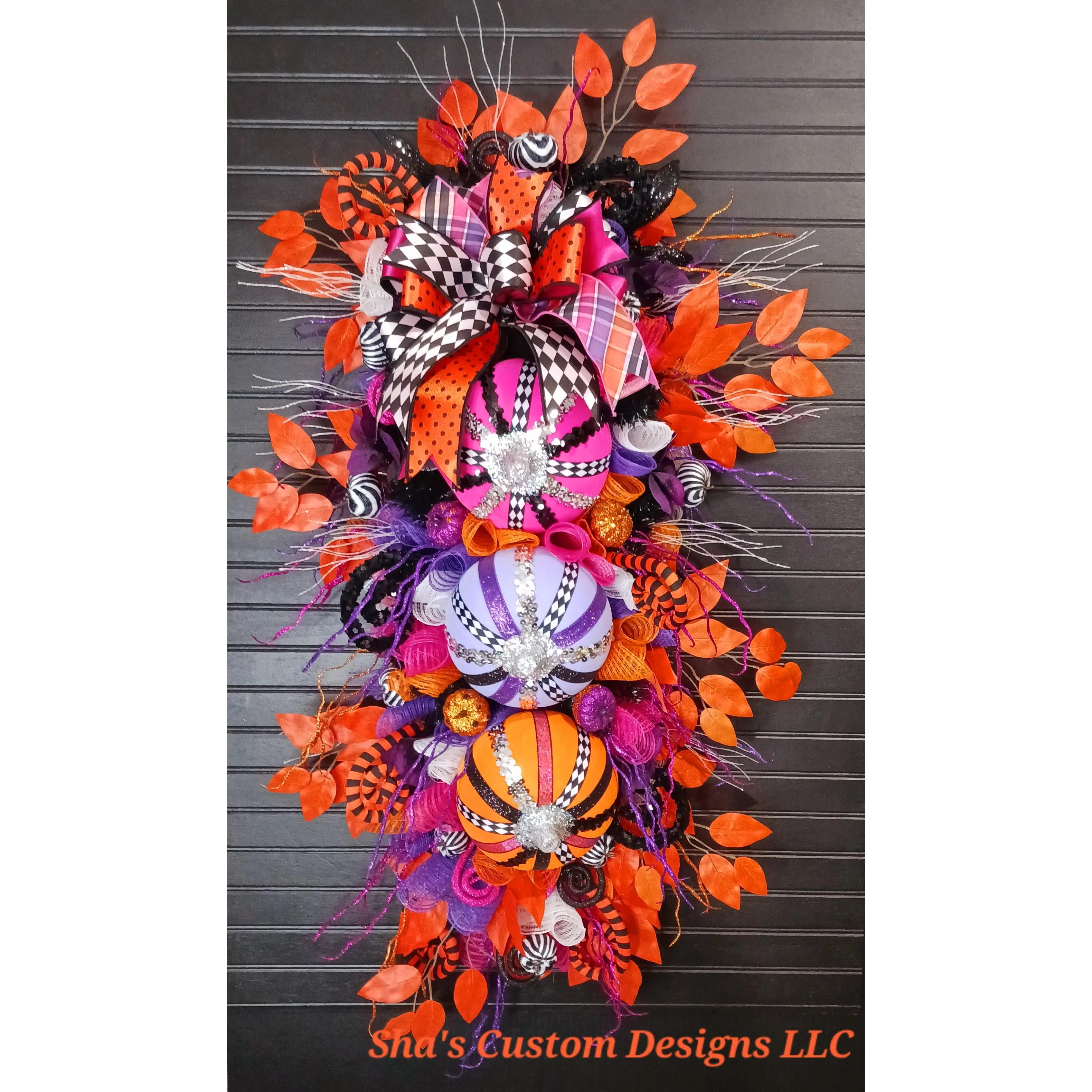 Glam Pumpkin Swag Wreath Halloween Ornaments 40x22x9 Inches with Orange Pink Purple Accents Silver Glitter & Sequined Details Decor Decoration