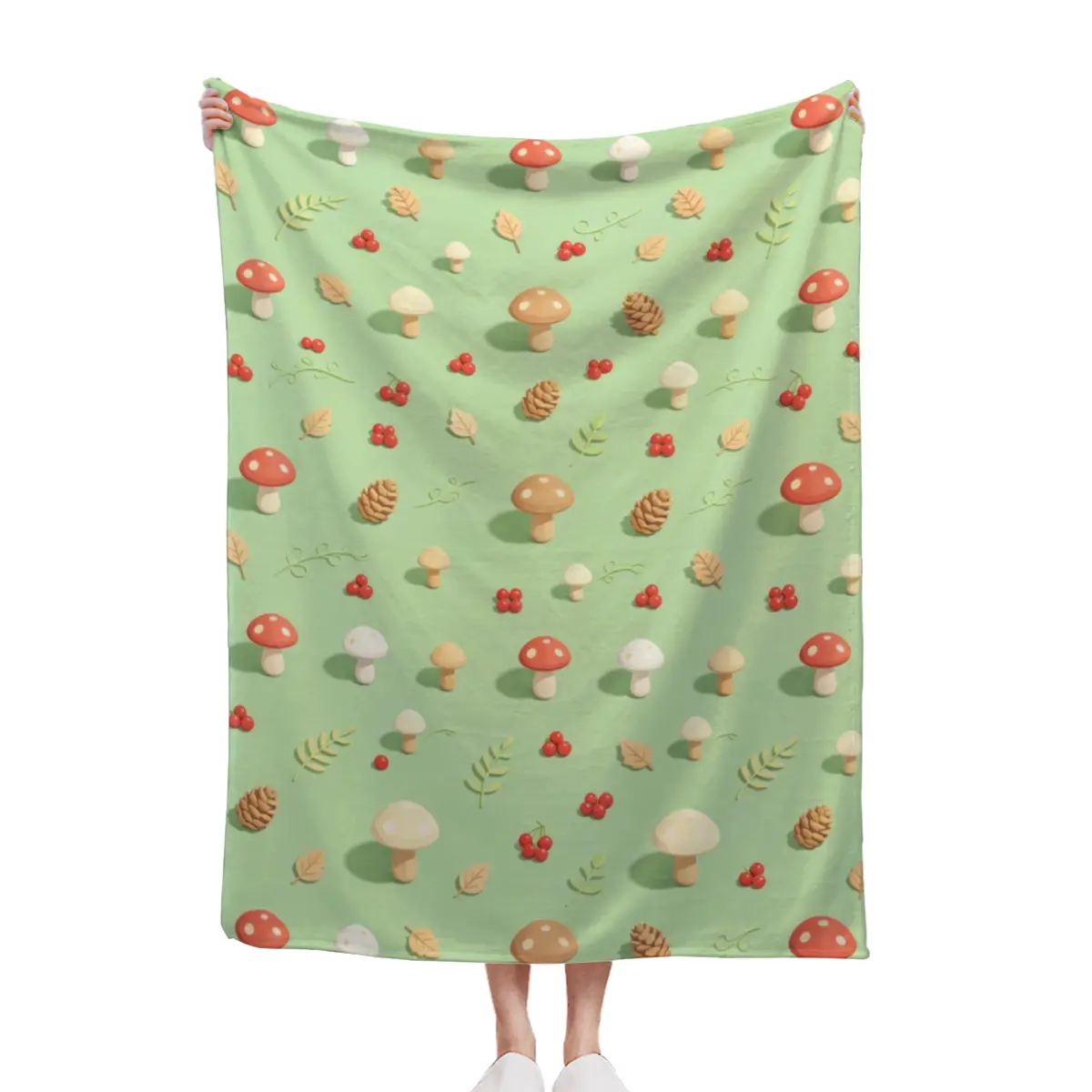 Green Mushroom Floral Pattern Blanket Cottagecore Soft Fleece Throw Blanket Nature Aesthetic Decor