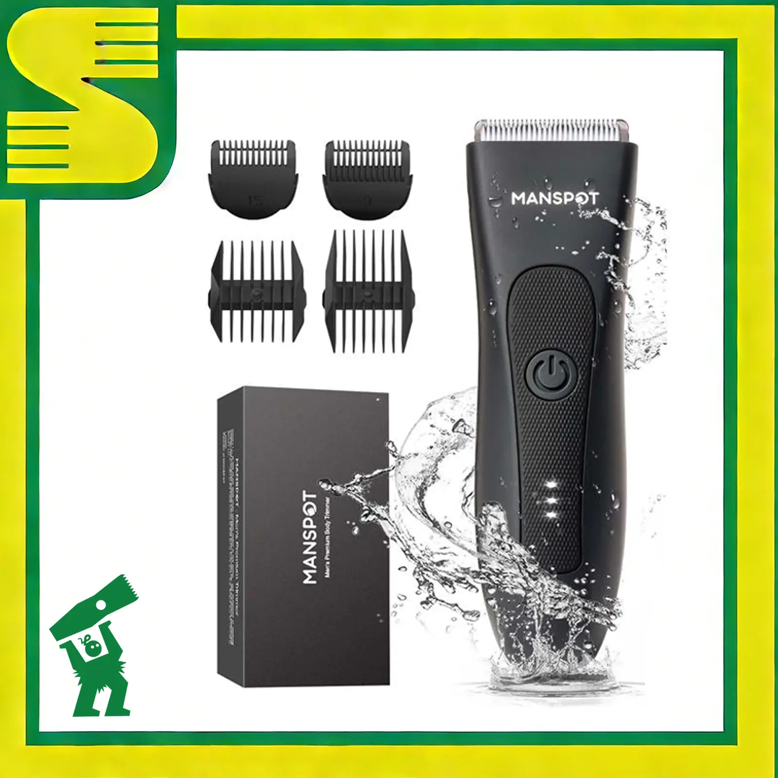 Manspot Premium Electric Groin Pubic Body Hair Trimmer for Men - Waterproof Wet & Dry Groomer, Rechargeable Cordless Clippers, Durable Construction, Gym-Ready Travel-Friendly Green Comfort Design, Men's Personal Gadgets