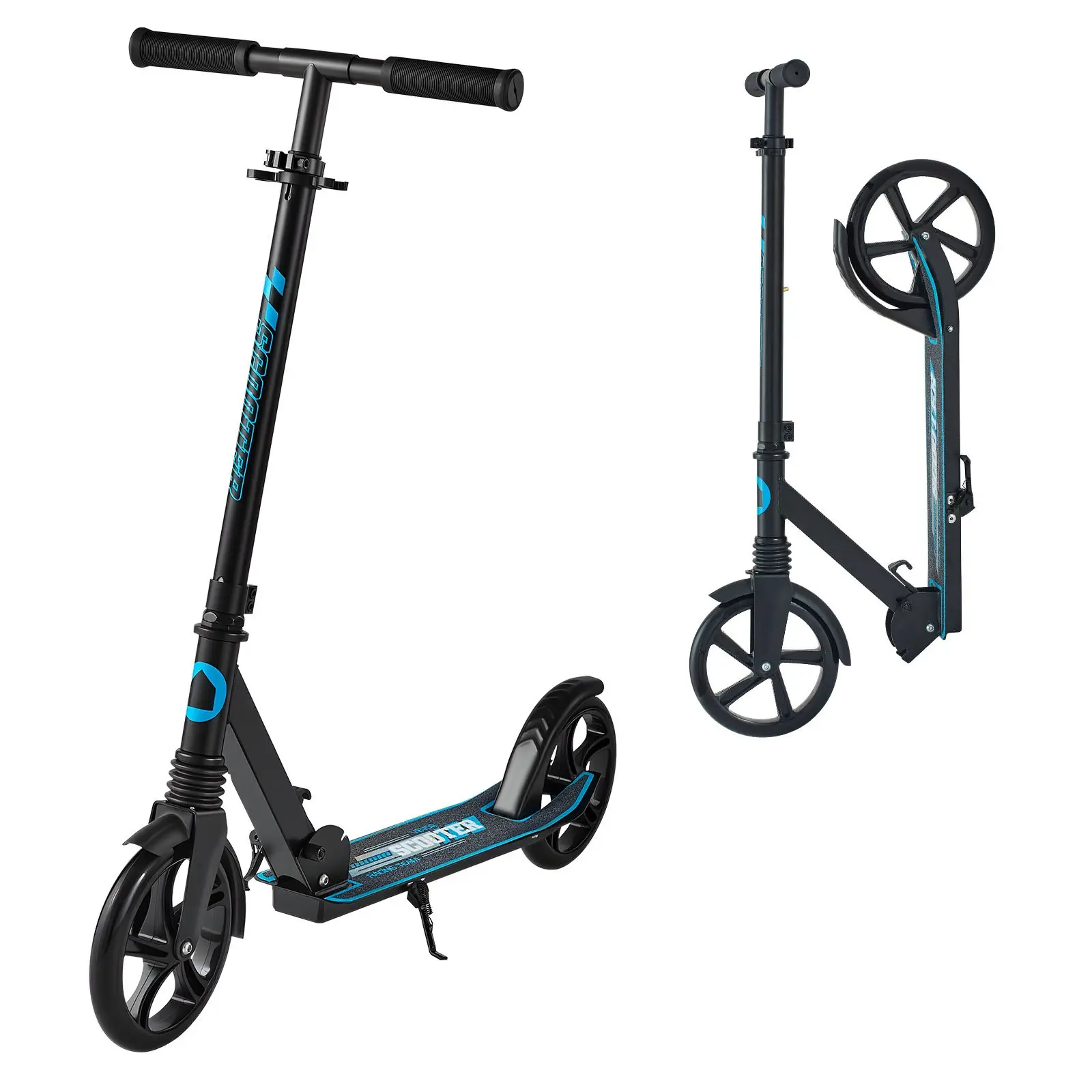 【Summerfinds】VEVOR 2-Wheel Kick Scooter, Steel Frame, Adjustable Bar, Shock Absorb, Anti-Slip Wide Deck, Foldable Light, Lightweight Design, Grows with Kid, for Kids Ages 8+ & Adults Up to 220 lbs, Black + Blue