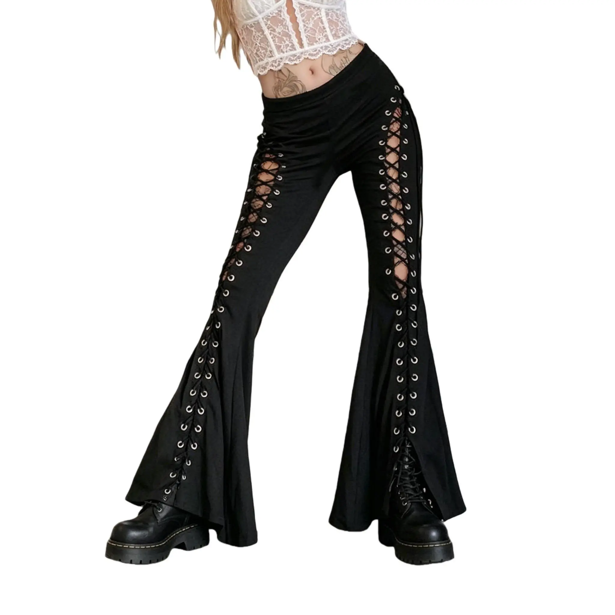 Women's Steampunk High-Waisted Bell Bottom Pants - Black, Lace-Up Tie, Tight Flare, Early 2000s Retro Style, Cute Pants, for Goth Disco, Basic Work Wear