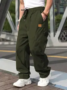 Men's Solid Pocket Design Drawstring Waist Pants, Regular Fit Casual Fashion Patched Straight Leg Trousers, Casual Streetwear Trousers for Daily Wear, Men's Bottoms for All Seasons