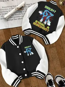 Girls' Short Baseball Jacket, Cool Design, Pixel Art Cartoon Character, Casual Fitted Outerwear for Spring & Fall, Casual Comfy Letter Print Jacket