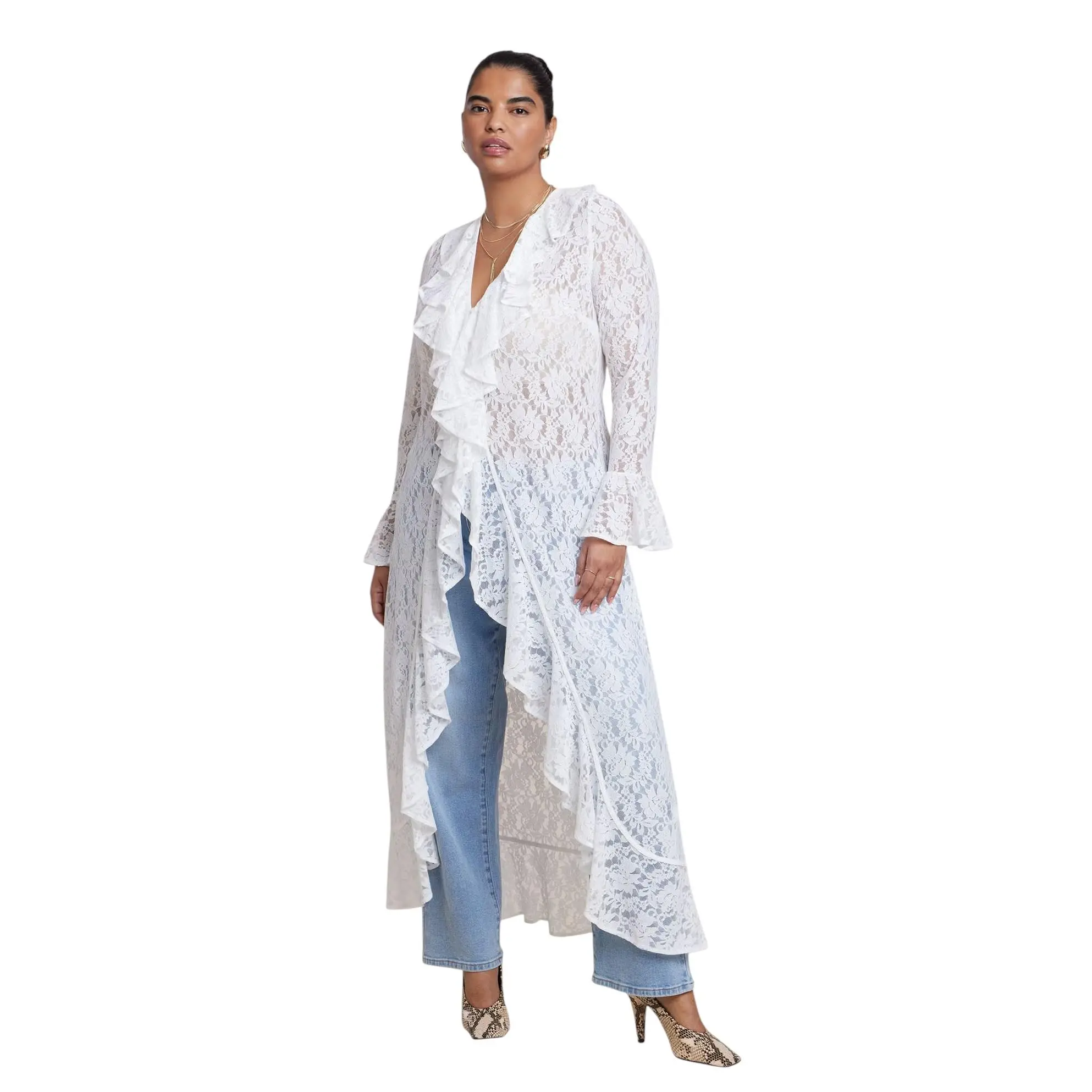 ELOQUII Women's Plus Size Lace Ruffle Duster