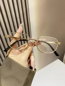 Women's Metal Geometric Pattern Eyeglass Frames, Geometric Details, Vintage European Style Fashion Glasses, Trendy Unisex Plain Mirror Lens