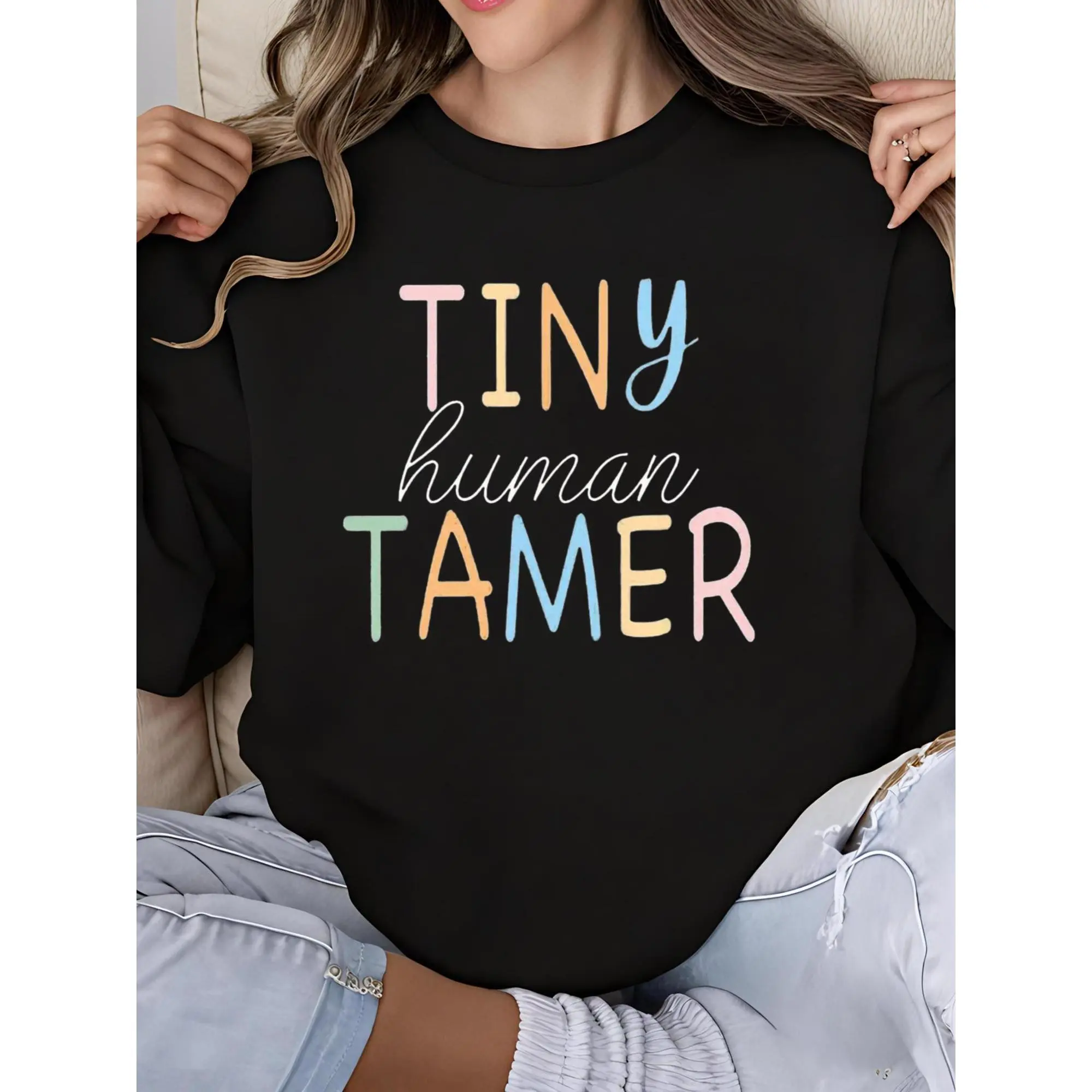 Women's Casual Fitted Round Neck Long Sleeve Polyester Graphic Sweatshirt - Funny Tiny Human Tamer Design, Kindergarten Teacher Tops, Thanksgiving Work Party Gifts, Romance, Easter, Valentines Day, Classic