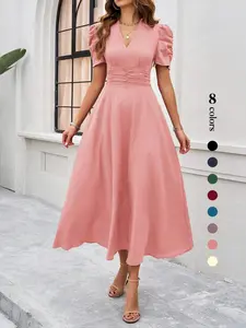 Women's Plain Ruched Puff Sleeve V Neck Fitted A Line Dress, Elegant Short Sleeve Zipper Back Long Dress for Party Holiday Wedding Guest, Ladies Clothes for Summer, Chic Shortsleeve Womenswear