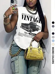 Women's Printed Loose Fit Sleeveless Vest, Summer Casual Street Style, Letter Pattern, Comfortable and Stylish, Perfect for Daily Wear