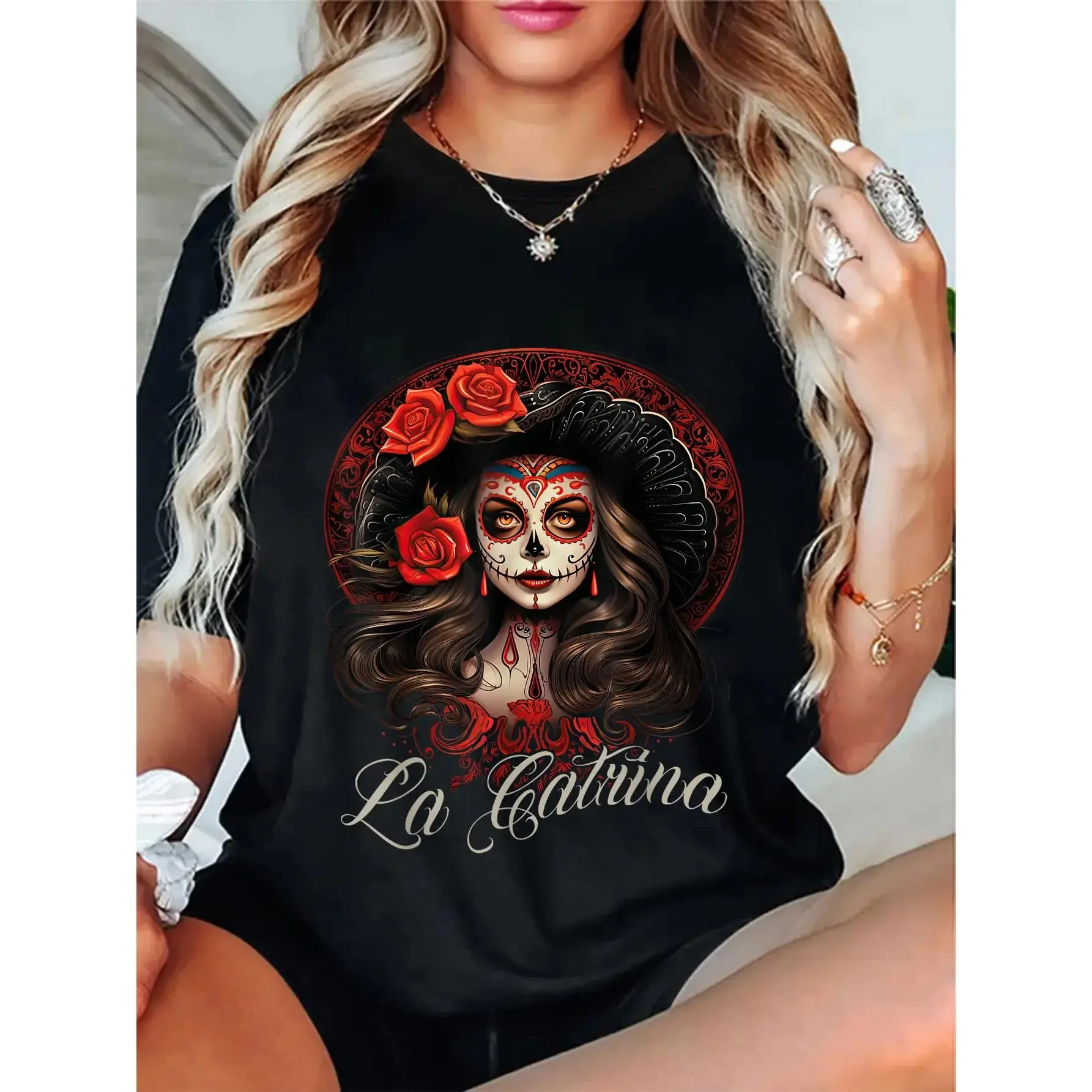Women's Casual La Catrina T-Shirt with Graphic Roses Print, Comfortable Short Sleeve for Day of the Dead, Tshirt, Round Neck, Lady, Streetwear